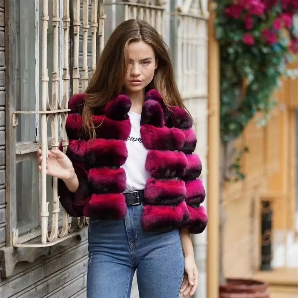 Abrigo de piel de conejo Rex auténtica para mujer, chaqueta corta de piel Natural de Color Chinchilla cálido para invierno, prendas de vestir gruesas de piel auténtica a la moda para mujer