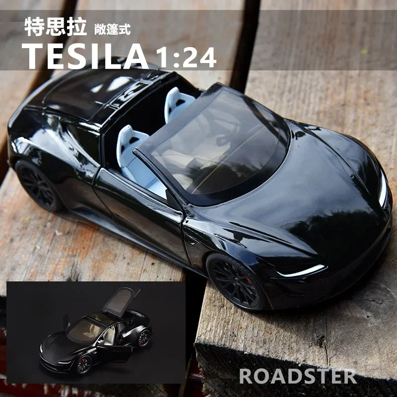 Simulação modelo de carro de liga para menino, 1:24 Tesla Roadster, som e luz, puxar para trás brinquedo, coleção carro, decoração presente, C275