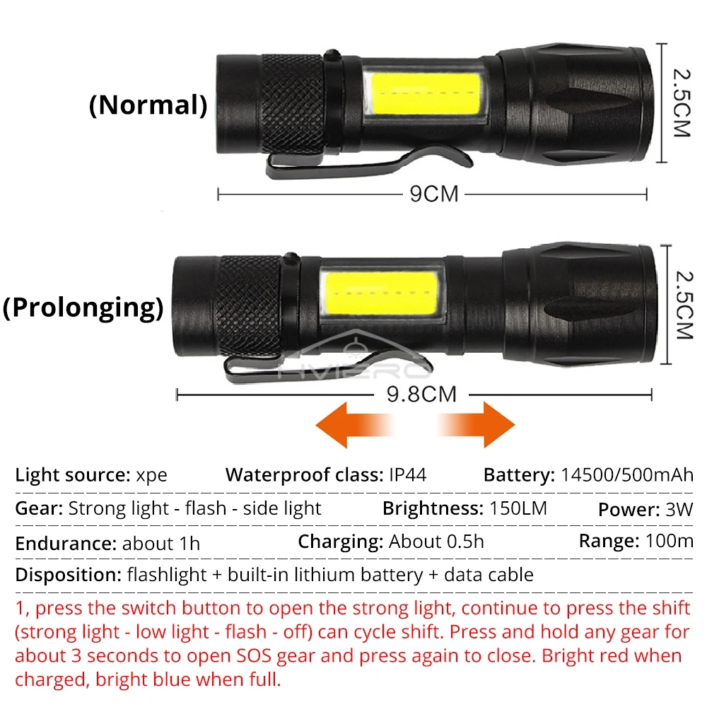USB Rechargeable Zoom Mini Led Portable Flashlight Built Battery Waterproof XP-G Q5 High Power Camping Work Light Illumination