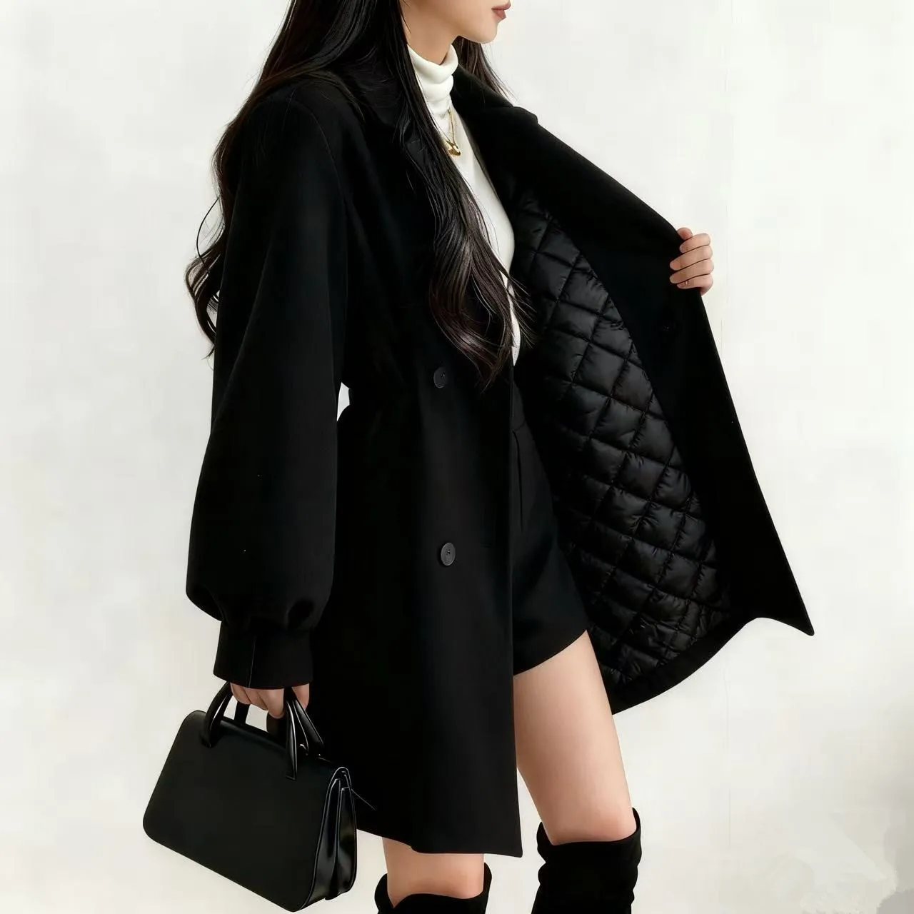 Autumn Winter Korean Lantern Sleeve Notch Lapel Quilted Wool Coat Women's Petite