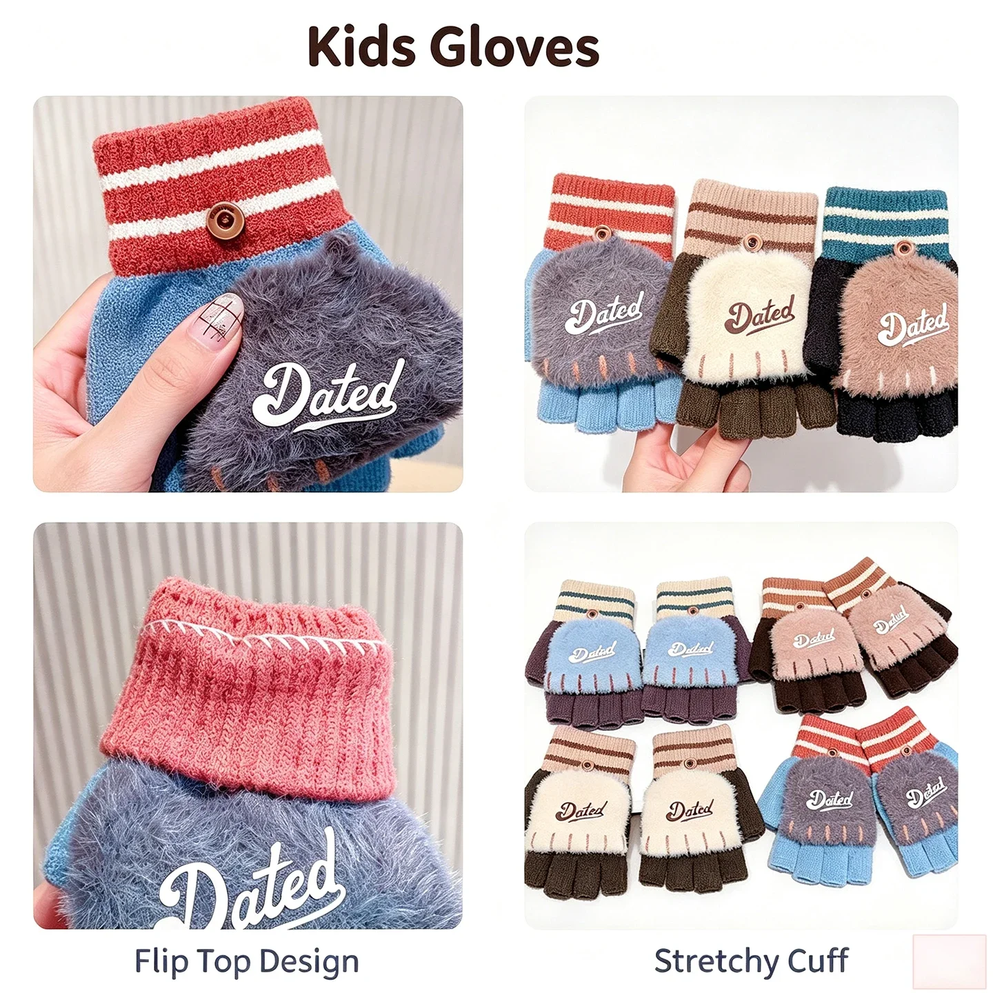 Kids 2 in 1 Convertible Flip Gloves Toddler Half Finger Knit Fleece Mittens Striped Cuff Kids Fingerless Glove For Boys Girls