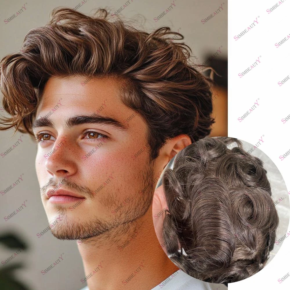 

Мужской коричневый парик из человеческих волос для выпадения волос, мужские необнаружимые натуральные волосы, дешевые 0,1 мм кожа, полиоснова, мужские парики для замены волос