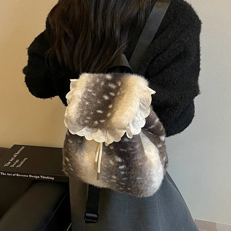 Deer Texure Mori Girl Fashion Backpack,Women Faux Fur Flap Drawstring School Bag,Large Capacity Winter Cute Sweet Book Bag image 4