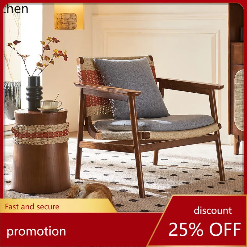 

CZ Balcony Single Chair Solid Wood Hemp Rope Leisure Chair Set Living Room Small Apartment Modern Simple White Ash Wood Chair