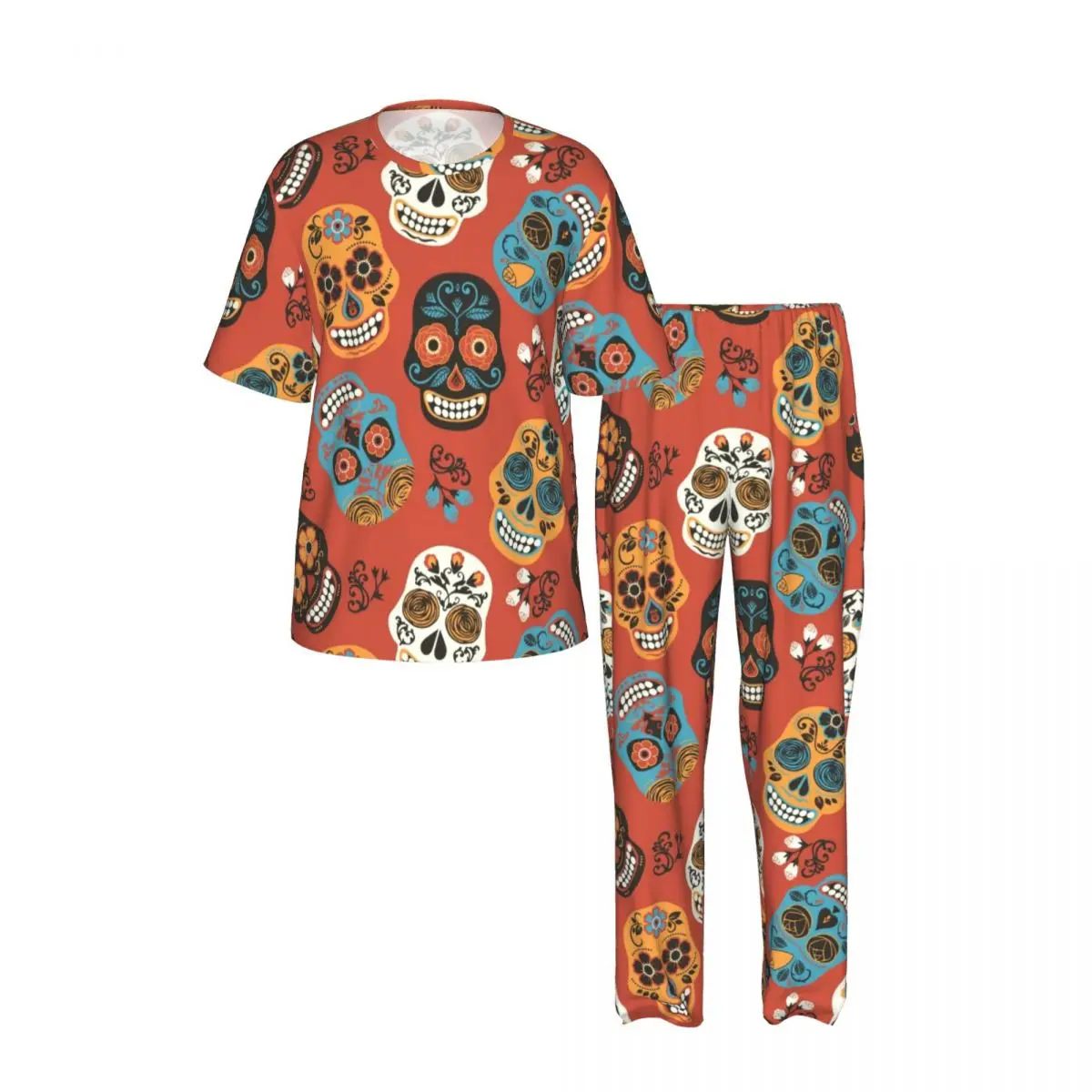 Men Pajamas Set Day Of The Dead Skulls Short Sleeve Spring Summer Lounge Sleepwear Male Nightwear