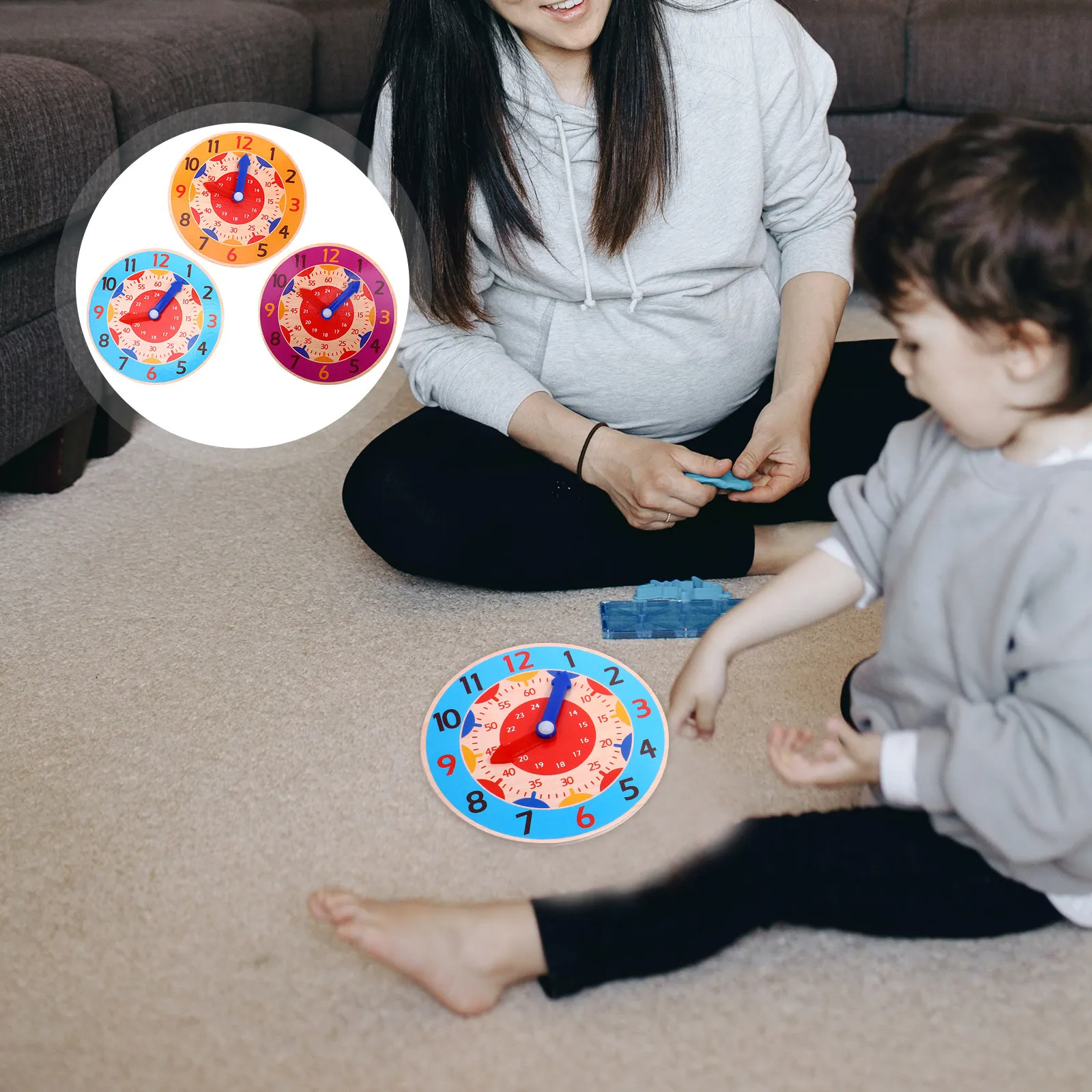 3pcs Kids Clock Wooden Time Learning Educational Teaching Clock For Toddlers Number Color Recognition Simulated Time Cognition