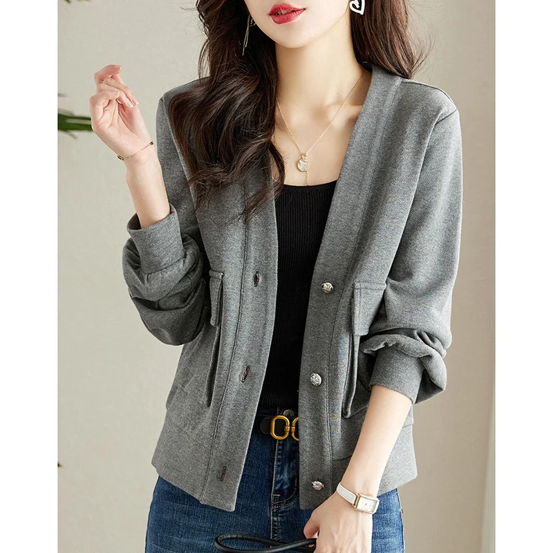 Fashion V-Neck Button Pockets Solid Color Casual Jackets Women\'s Clothing 2024 Autumn New Loose All-match Tops Commuter Coats