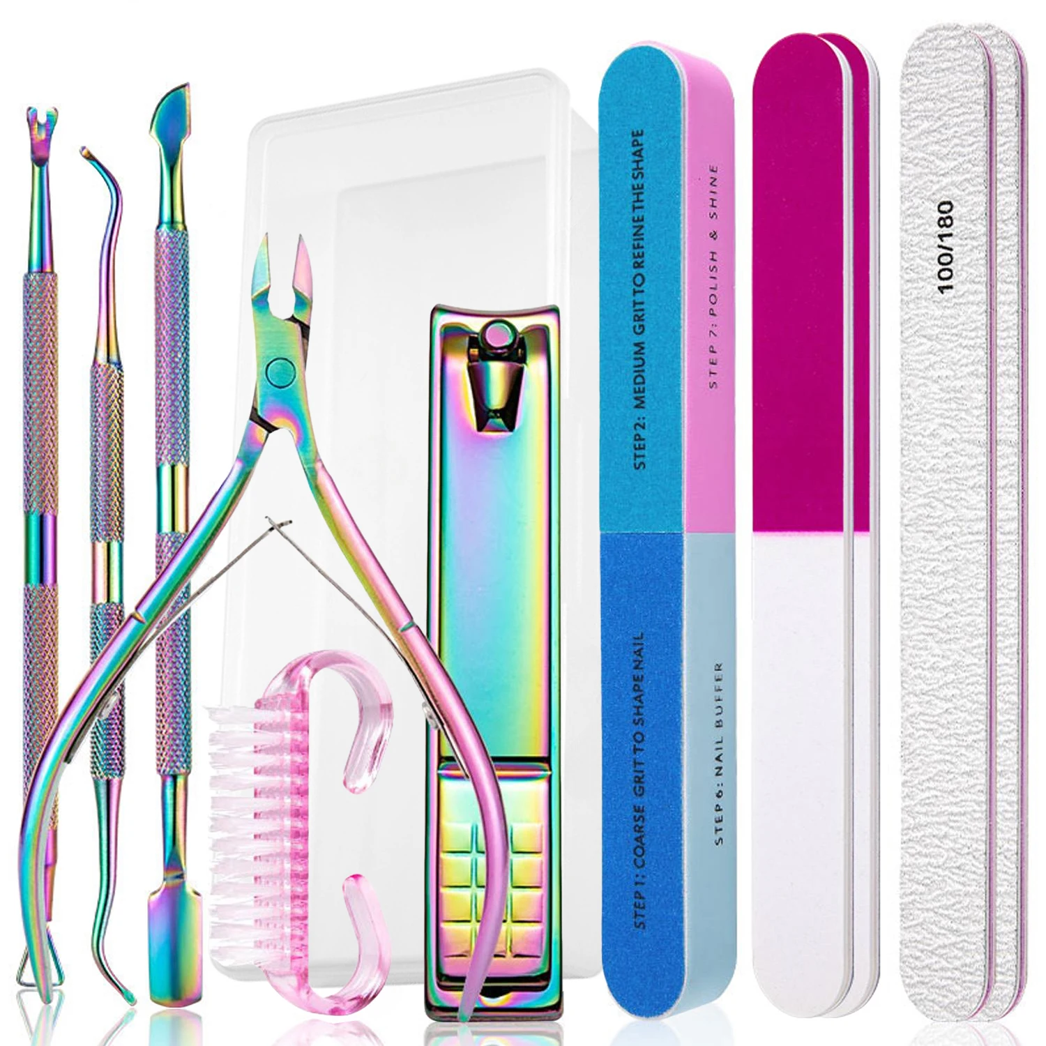 13Pcs Nail Art Tool Set Gradient Stainless Steel Manicure Kit Cuticle Nipper Pusher Nail File Separator Tools with Storage Box