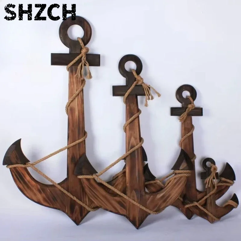 Nautical Carbonized Wood Steering Wheel Wall Decor Mediterranean Style Anchor American Country Theme Hanging Ornament