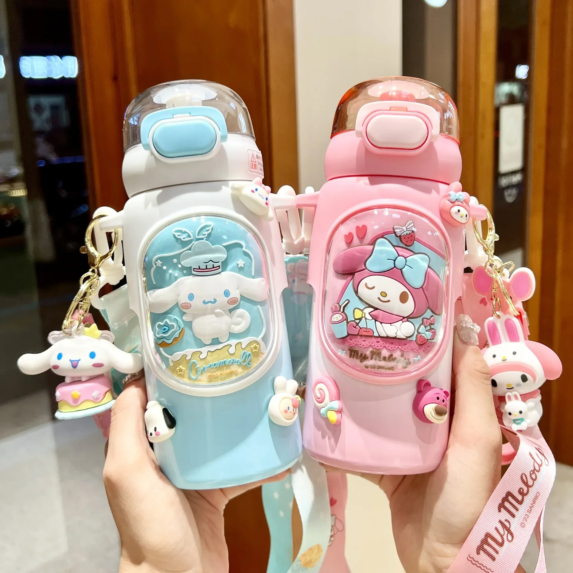 Соломенный чайник для девочек, через плечо, нержавеющая сталь Kawaii, 500 мл, Sanrio Kuromi, детский термос, чашка для воды для учащихся начальной школы