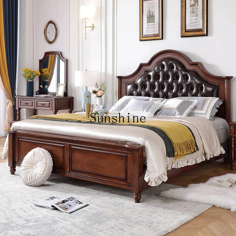 American solid wood double bed high-end villa master bedroom leather simple storage bed