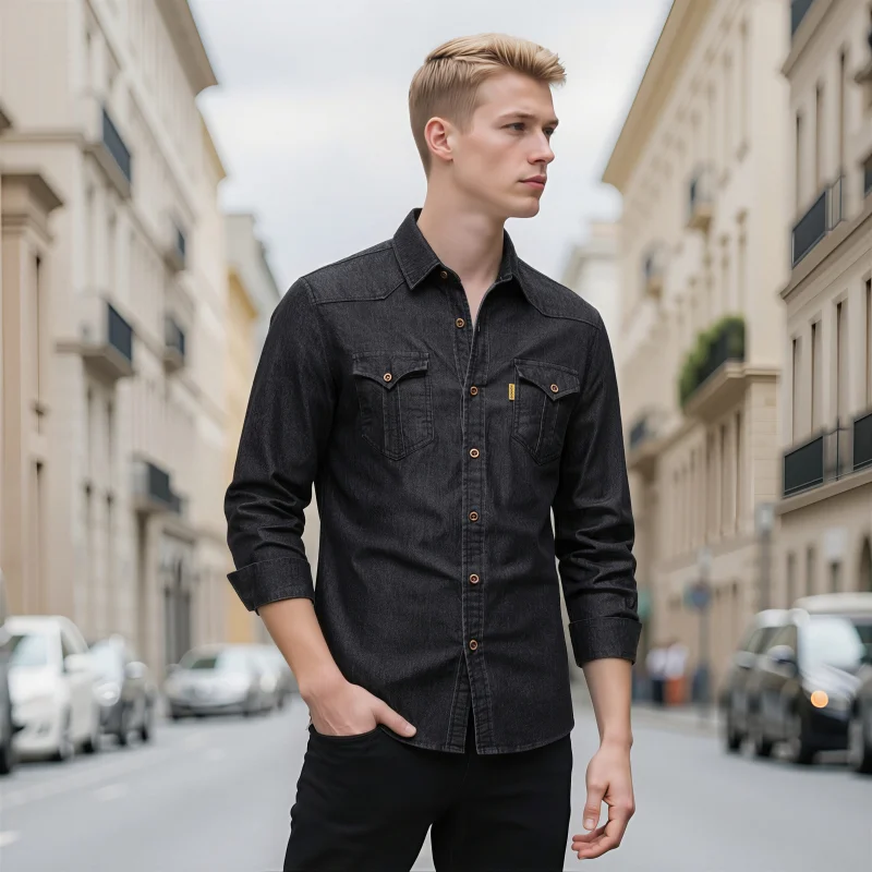 Men's Denim Shirt Casual Solid Color Long Sleeve Button Down Shirt Male Classic Jeans Tops Autumn Spring with Chest Pockets