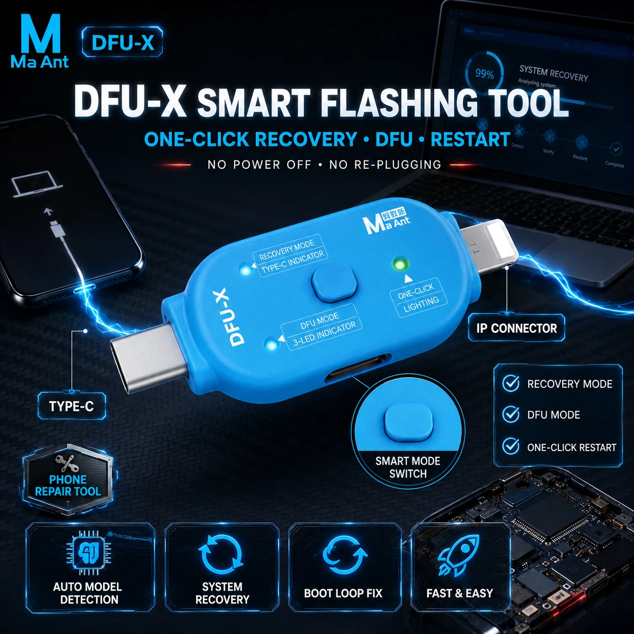 MaAnt DFU-X One-Click Recovery DFU Flash Tool Auto Model Detection USB-C Lightning Adapter for iPhone Samsung Phone Repair Kit