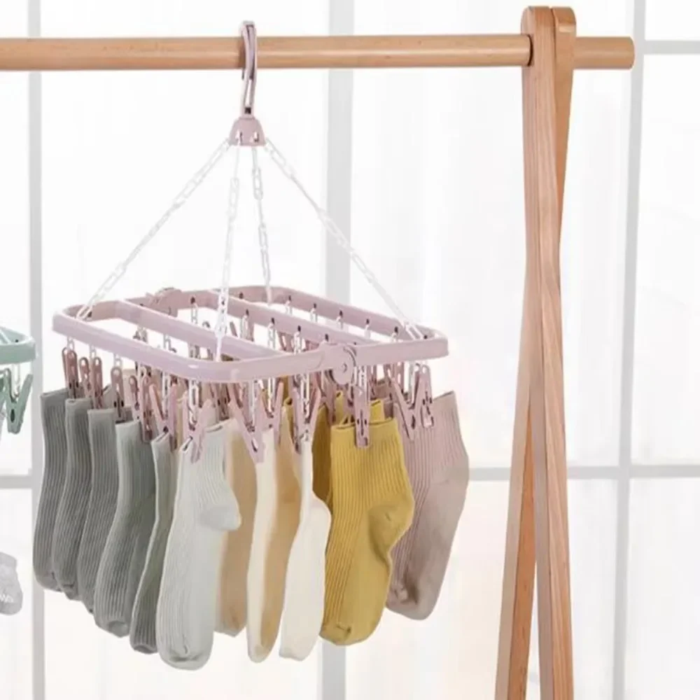 1PC Clothes Drying Hanger with 32 Clips Socks Underwear Drying Folding Laundry Hanging Rack