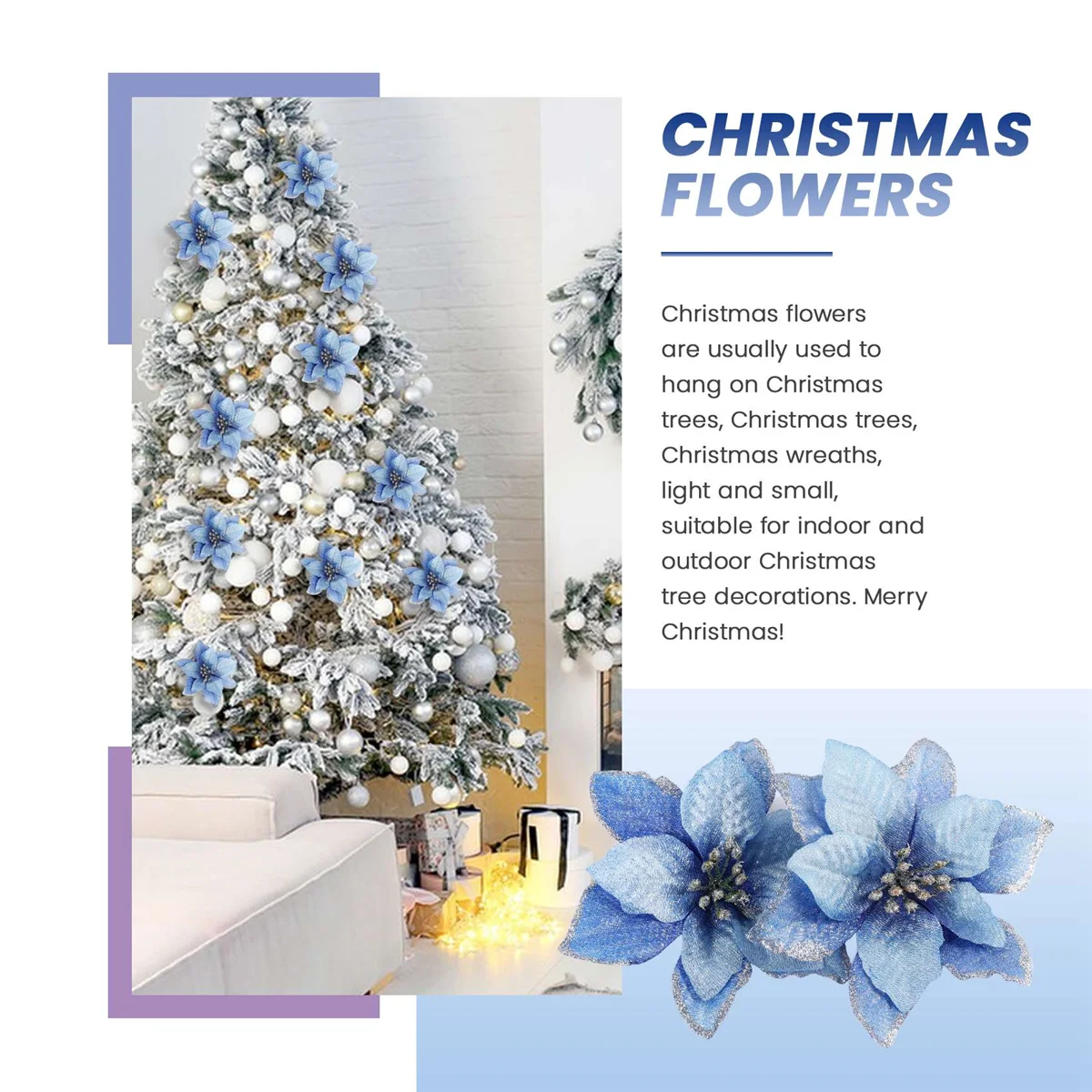 Natal glitter 20 pçs ornamento de árvore de natal artificial casamento flores de natal grinaldas ornamentos de casamento (azul)