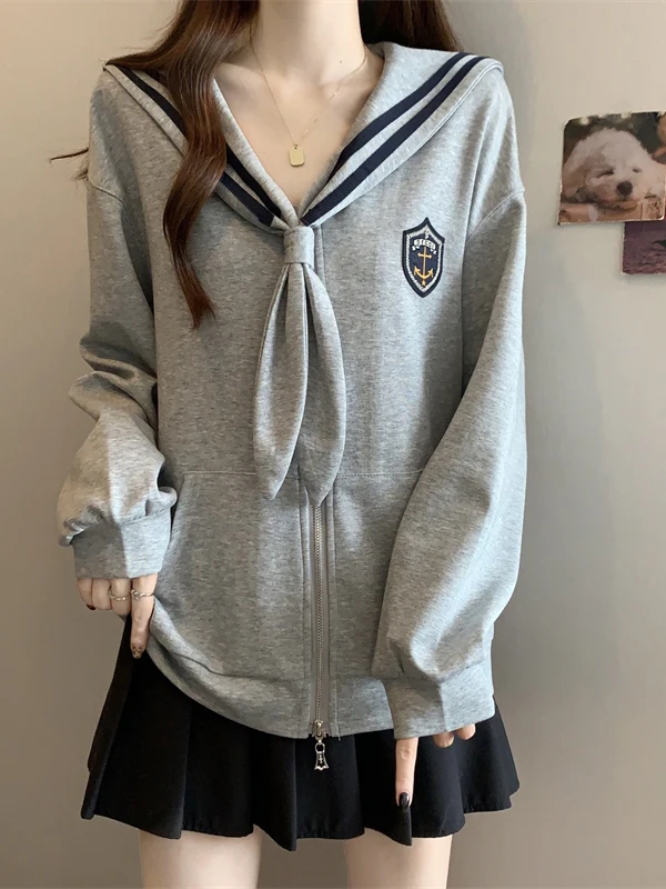 Navy Hoodie Sweatshirt Shoulder Length Medium Long Women's plus Size Comfortable Loose Fit Korean Style Commute Wind