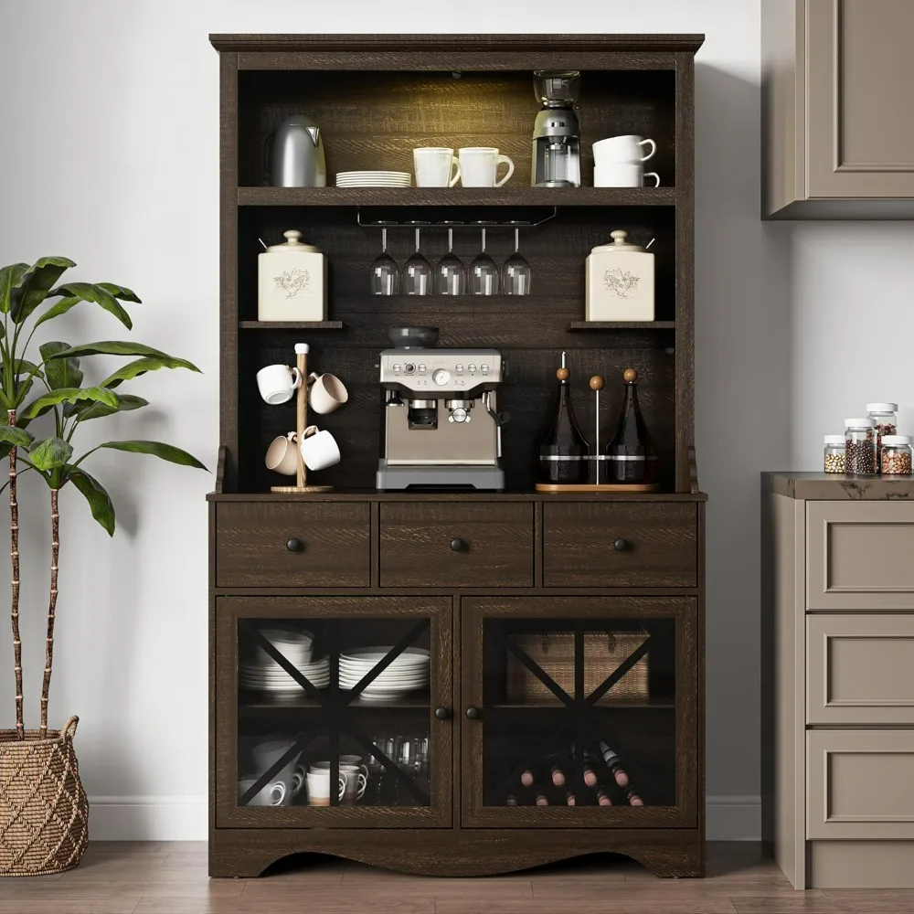 Kitchen Hutch Storage Cabinet w/Power Outlet,Tall Pantry Cabinet w/LED and Wine Glasses Rack, Farmhouse Coffee Bar