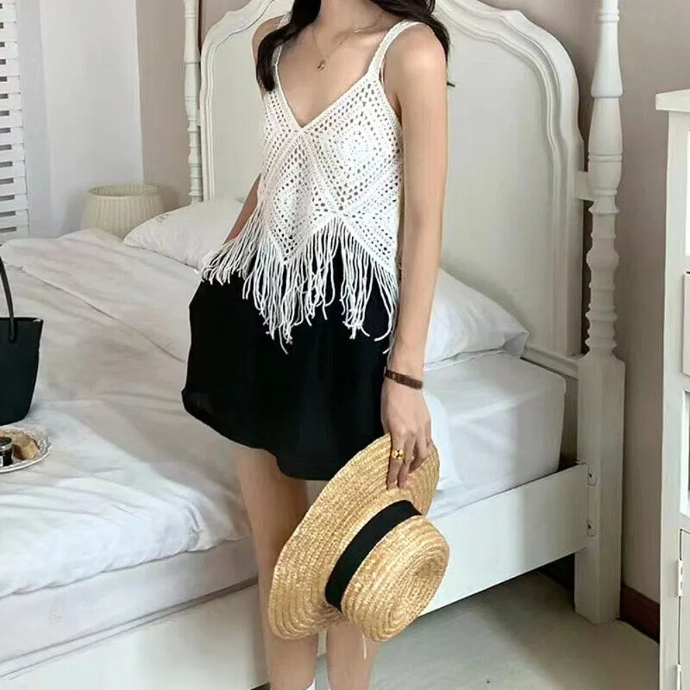 Women Boho Crochet Cotton Cami Halter Tassel Tank Summer Knitted Beach Crop Tops