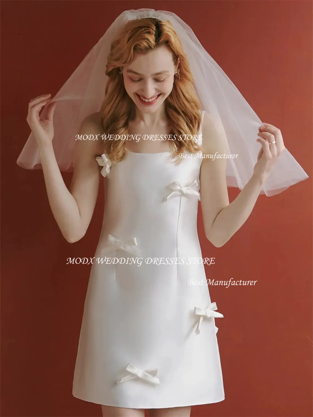 Modx cetim curto mini vestidos de festa de baile com arcos gola quadrada sem mangas uma linha na altura do joelho zíper traseiro vestidos de evento formal