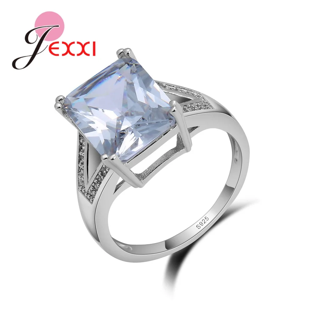 

Simple 925 Sterling Silver Wedding Rings For Women Clear Square Shape Engagement Crystal Finger Ring Anel Anillos Femme