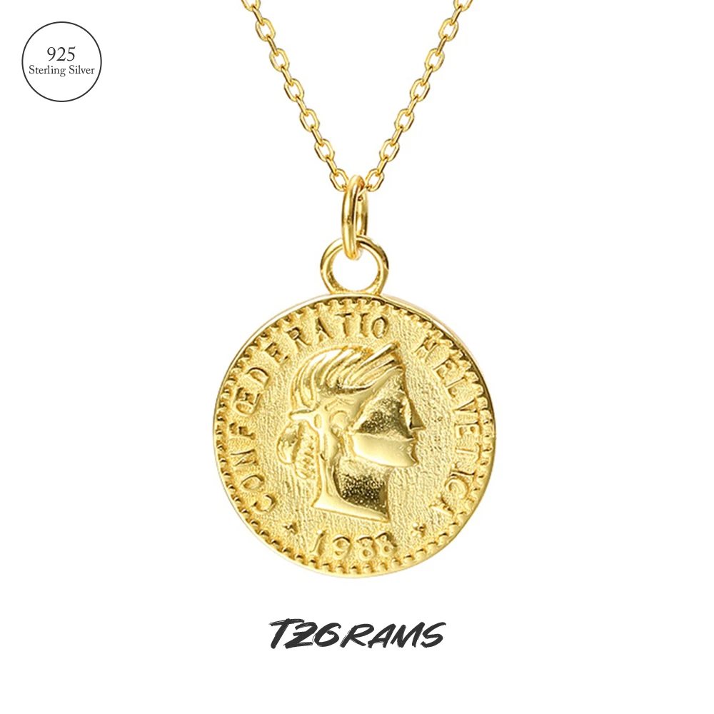 TZgrams Real 925 Silver Women Portrait Round Coin Pendant Gold Necklace For Ladies Vintage Clavicle Chain Fashion Fine Jewelry