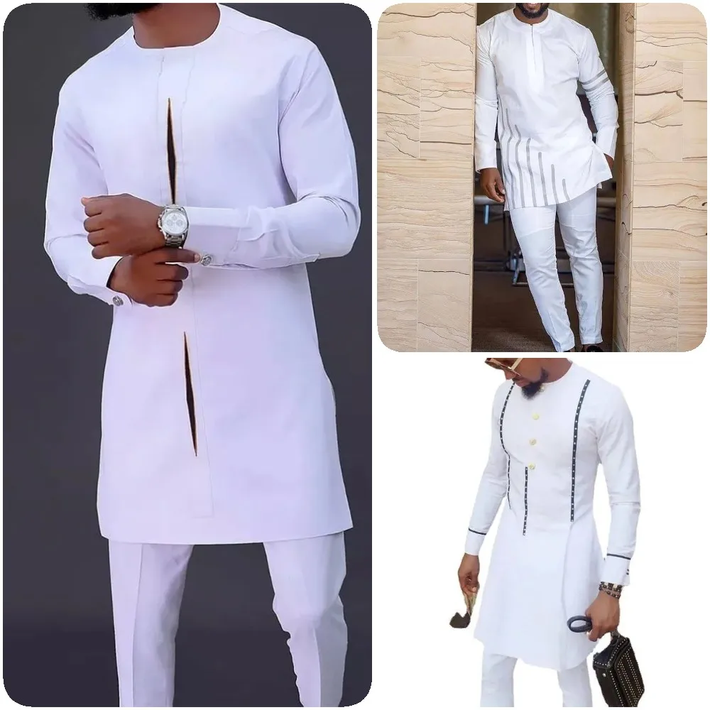 

New In African Clothing For Man Dashiki Long Sleeve Shirt White Trouser Set Mens 2 Pieces Outfit Button Decoration Male Clothes