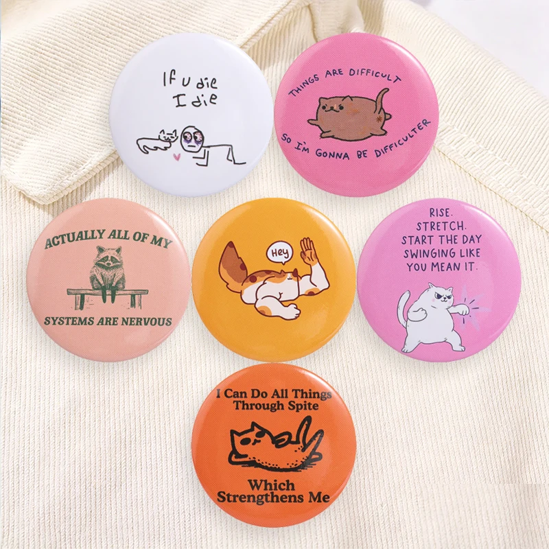 Funny Cat Raccoon Meme Tinplate Soft Button Pins Humor Sarcastic Quotes Animal Brooch Bags Lapel Badge Jewelry Gift for Friends