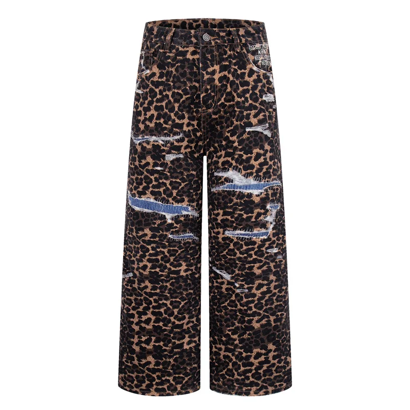 Men's High Street Ripped Leopard Jeans Pants Fashion Streetwear Distressed Denim Trouers With Patchwork Loose Fit Y2K Jeans