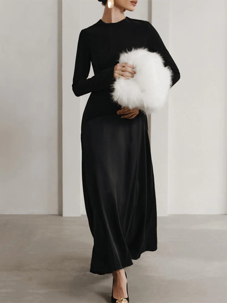 

Trendix Black Elegant Long Dress Women Autumn O Neck High Waist Long Sleeve Maxi Dresses Solid Patchwork Party Evening Dress New