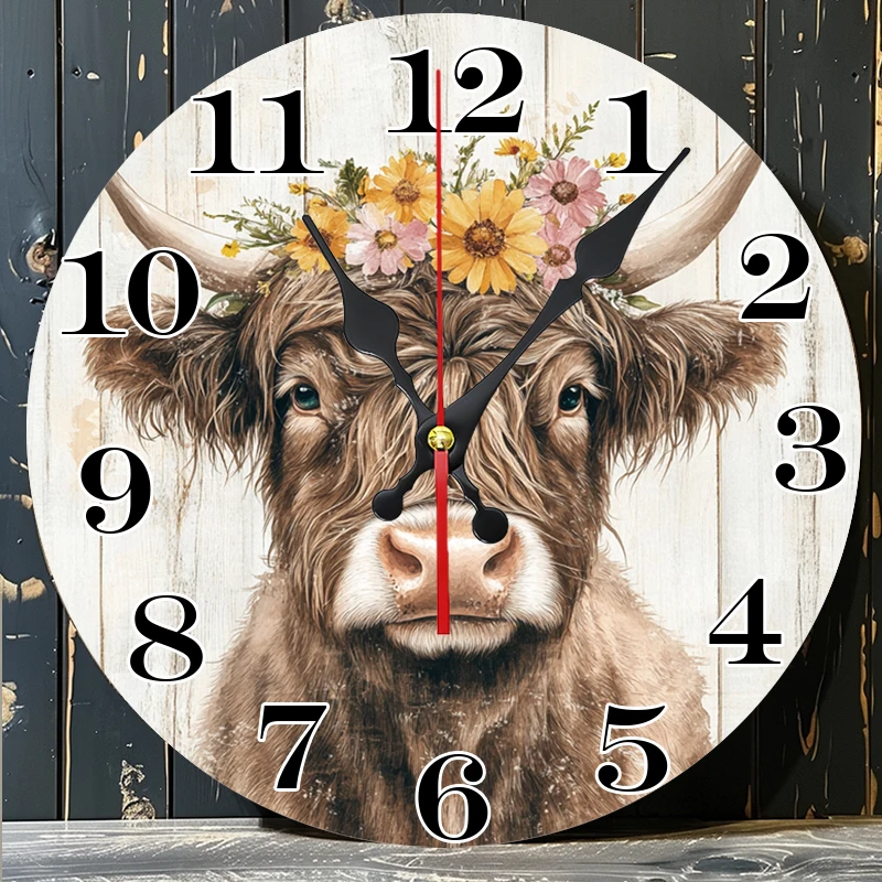 Rustic Wooden Wall Clock with Highland Cow Portrait and Floral Crown – a Charming Blend of Nature and Timekeeping