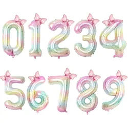2Pcs40 inch Rainbow Starry Sky Number with Pink 10 inch Bow Foil Balloon Birthday Party Decoration Background Supplies