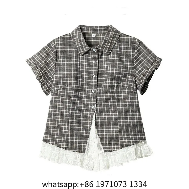 Lace Patchwork Plaid Shirt Women Summer Sweet Short Sleeve Vintage Blouse Slim Sweet Retro Japan Kawaii Female Cute Casual Tops