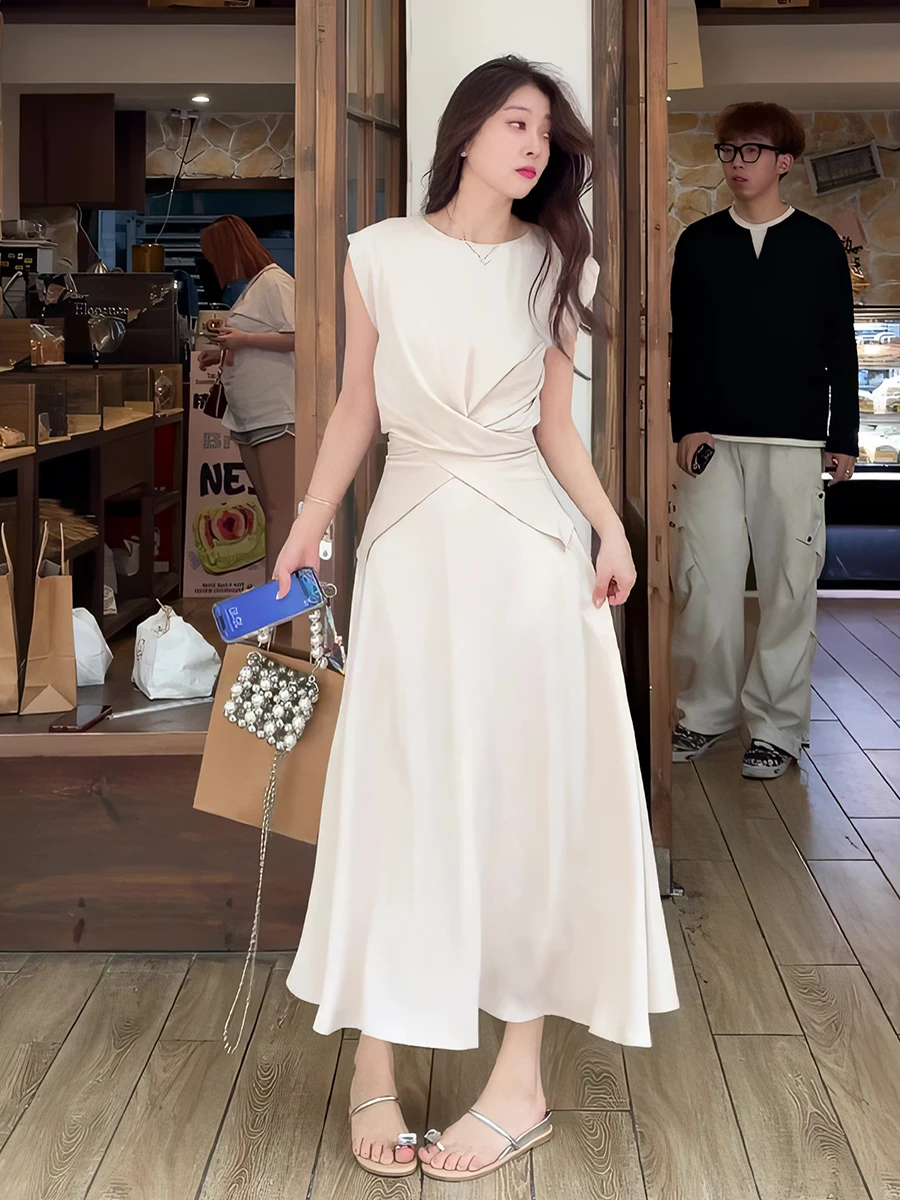 

Summer 2026 Slimming A-Line Skirt Set with Belted Satin Top Women's Fashion Ensemble V-Neck Polyester Blend Three-Piece Suit