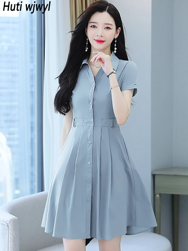 2024 Short Sleeve Polo Collar Office Lady Shirt Dress Summer Korean Solid Bodycon Dress Women Elegant Chic Party Sexy Mini Dress