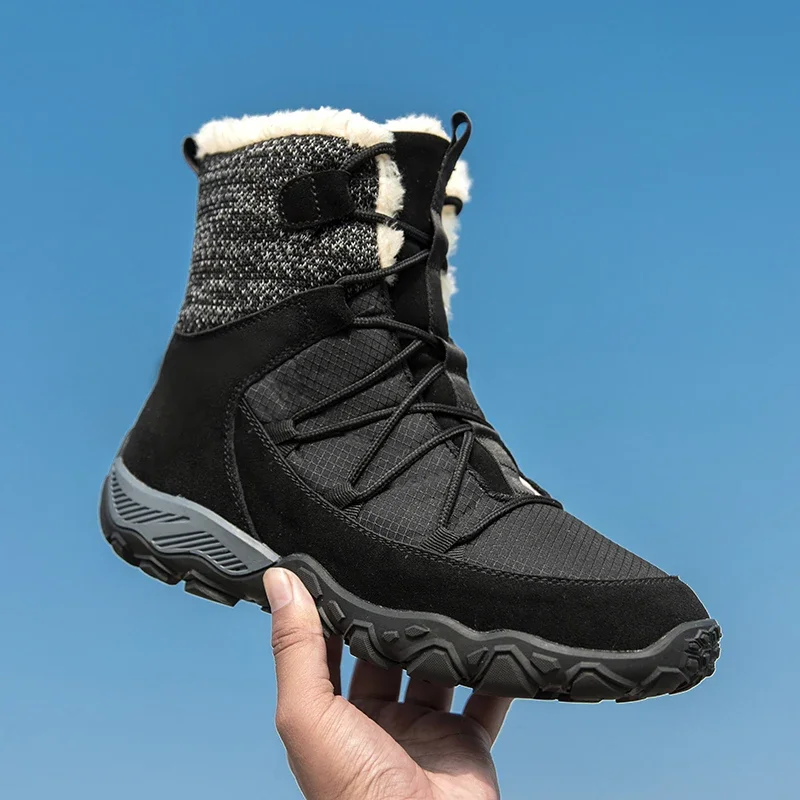 Botas de nieve antideslizantes para hombre, Botines de cuero cálido de felpa para exteriores, zapatos de senderismo de talla grande, novedad de invierno