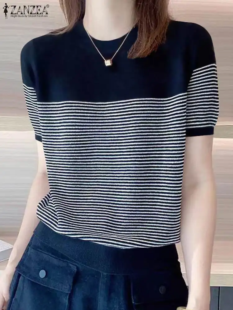 ZANZEA Women Summer T Shirt Vintage Striped Short Sleeve Tee Korean Fashion Round Neck Patchwork Tunics Casual 2024 Knitted Tops