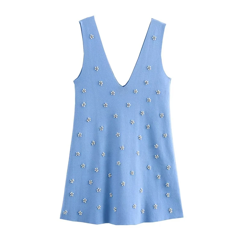 

YENKYE New Women Fashion Beaded Blue Knit Tank Dress Sexy Sleeveless V Neck Female Autumn Mini Vestidos