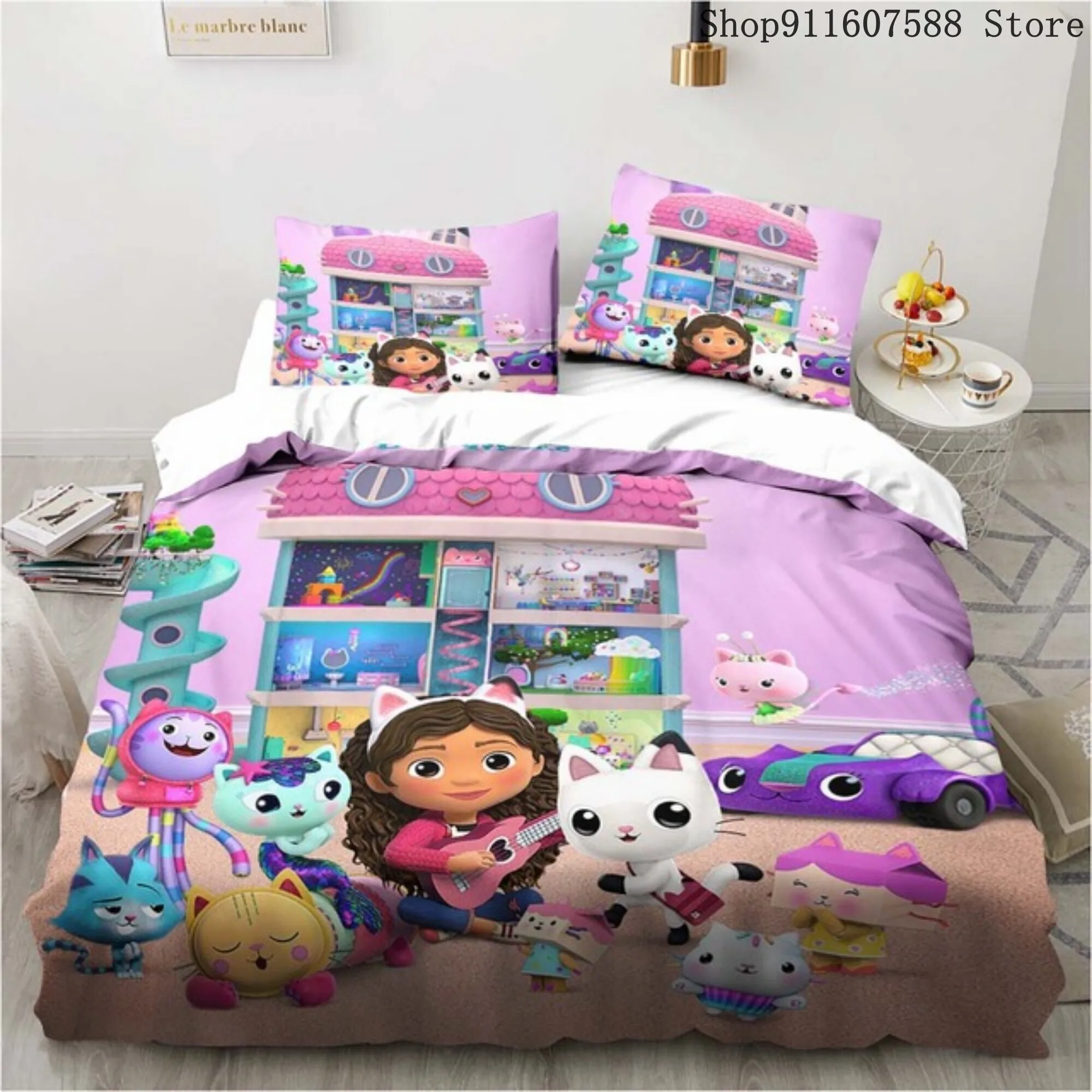 Gabby's Dollhouse Bedding Set Kawaii Bed Linen Set Single Double Size Home Decor For Girls Kids Cartoon Cute Cat Duvet Cover Set