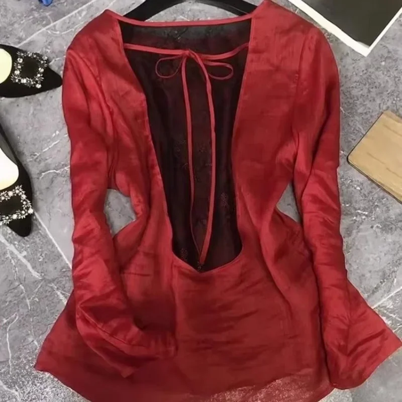 

French Style Red Vintage Blouse Women Summer New Lace Up High End Female Shirts Sun Protection Slim Waist O-neck Bowknot Tops