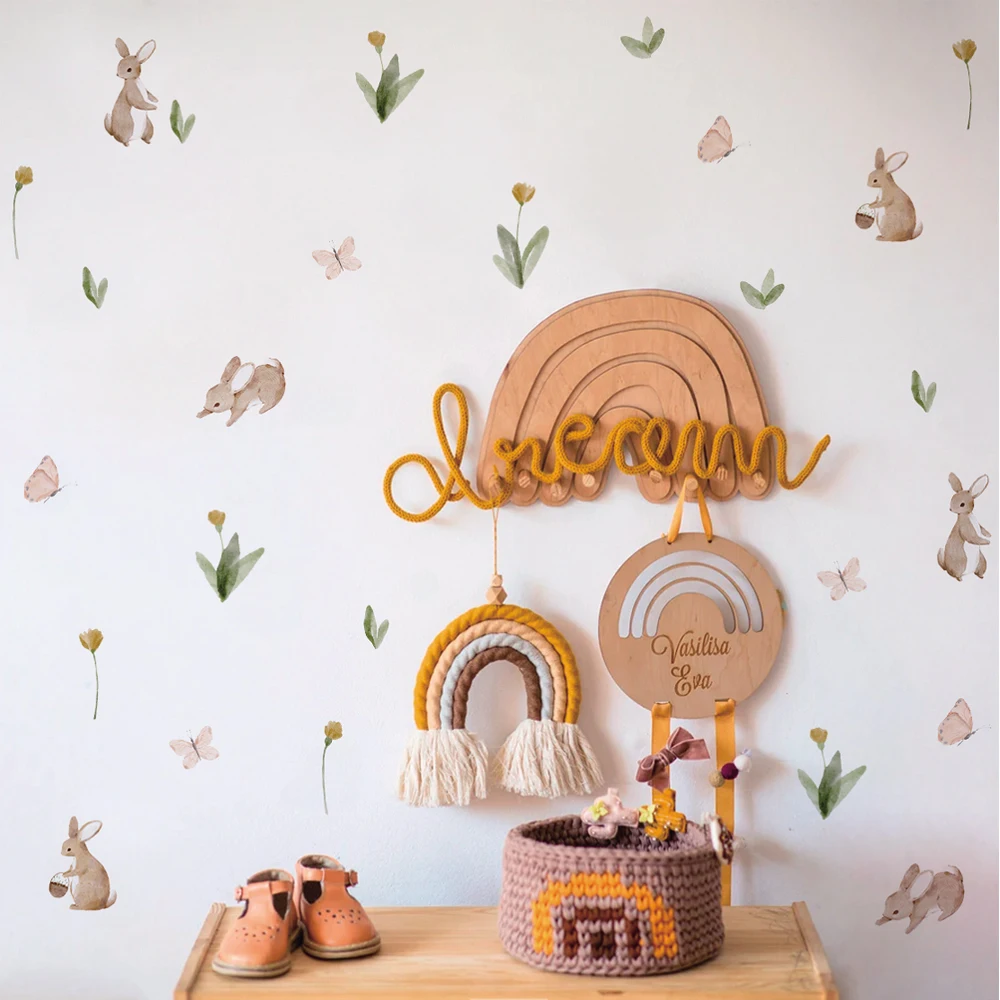 Summertime Watercolor  Cute Bunnies and Flowers Nursery Wall Decal, Peel and Stick  Reusable and Removable Kids Wall Stickers view 4