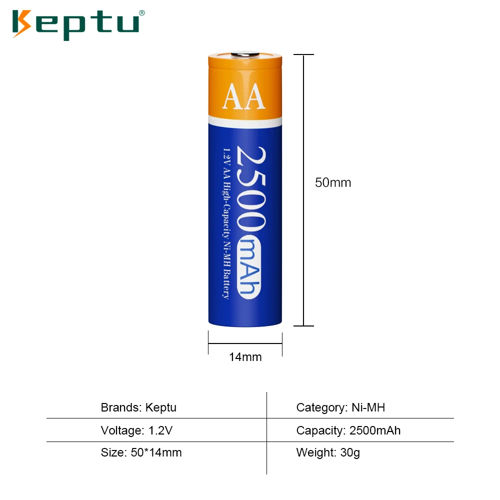 Keptu بطارية قابلة للشحن مع شاحن سريع وشاحن lcd ، aa ، 1.2 فولت ، nimh ، 2500mah