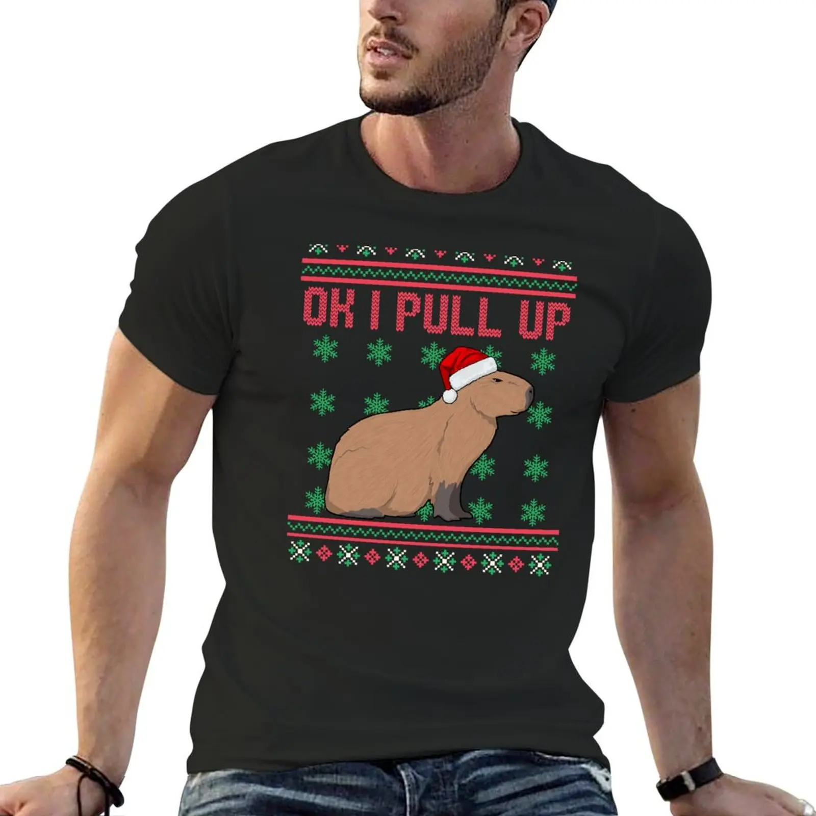 

Ok I Pull Up Capybara Ugly Christmas Sweater Trending Meme T-Shirt blue archive topping black t-shirts for men