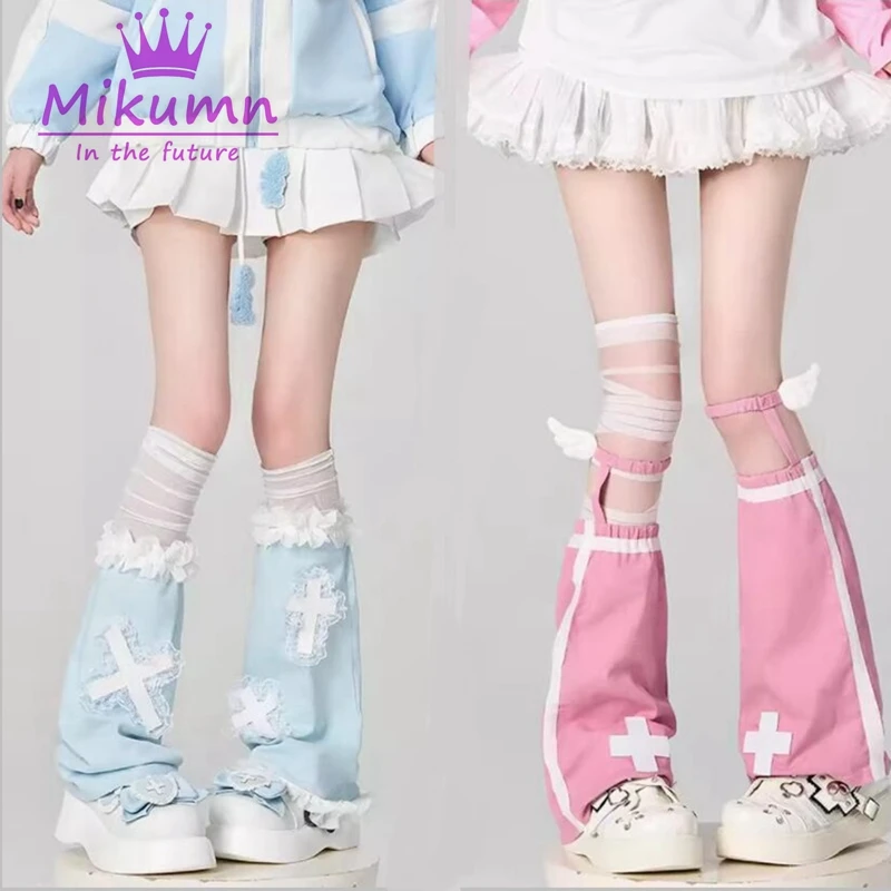 Mikumn Harajuku Blue White Pink Cross Lace Leg Warmers Socks Women Y2k Angel Wings Elastic Leg Cover Japanese Kawaii Boots Socks