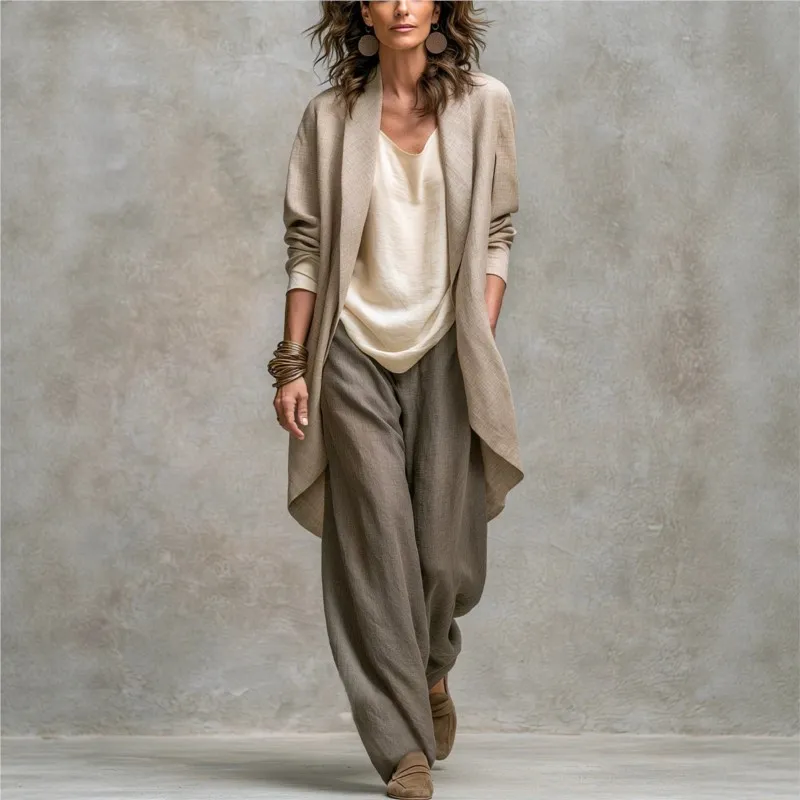Women Loose Lightweight Solid 3 Piece Outfit Open Front Long Coat + Top + Wide Leg Pants Set Casual Office Autumn Bohemian Suit