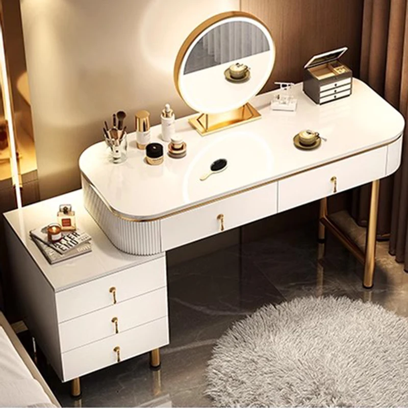 Luxury Women Vanity Table Bedroom Light Console Makeup Dressing Table Mirror Drawers Desk Organizer Penteadeira Home Furniture