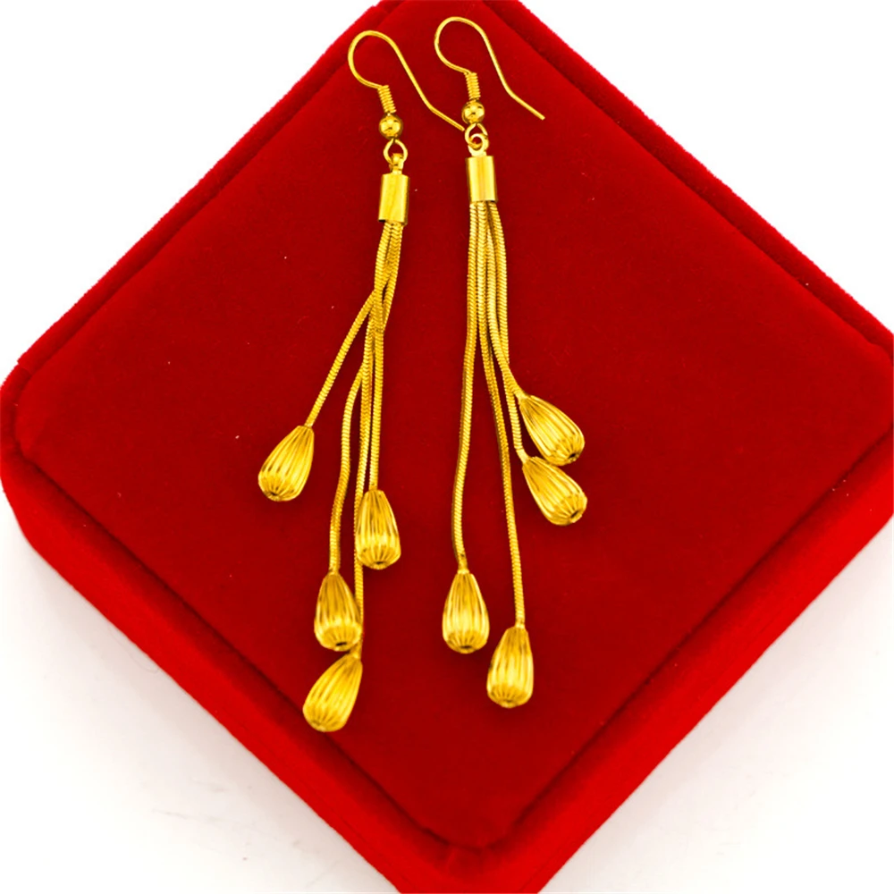 Yellow Gold GP Charm Earrings For Women Multi Lines Beads Long Tassel Earing Brincos Femme Trendy Jewelry Accessories Wholesale