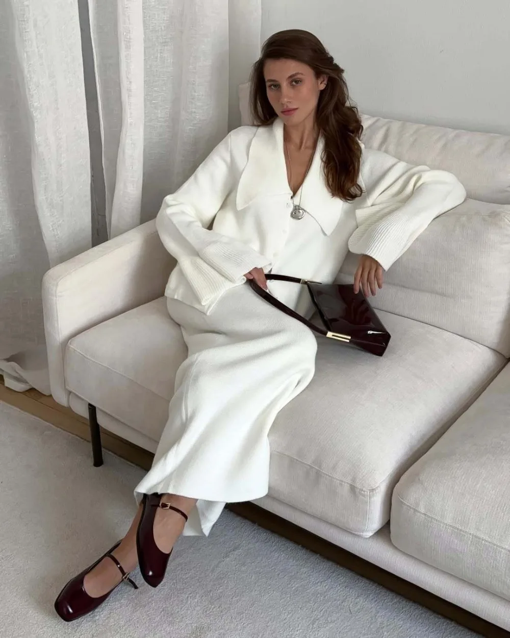 Elegant Sweater Knitted Skirt Suit Autumn and Winter Women Simple Solid Soft Thick Warm Office Casual Cardigan Sweater Skirt 2Ps