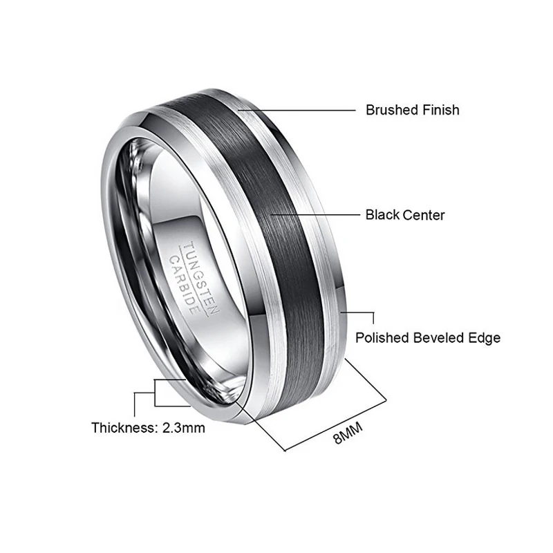 NUNCAD Tungsten Carbide Ring 8MM Men\'s Ring Brushed Finish and Black Center Beveled Edge Wedding Engagement Ring T020R