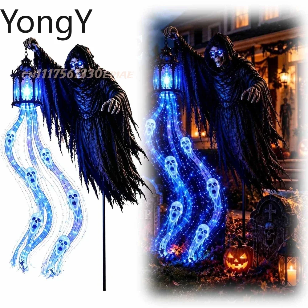 Halloween Soul Harvester Animated Solar Garden Stake Light Solar Powered Yard Stake Light, Spooky Blue LED Ghost Soul Light