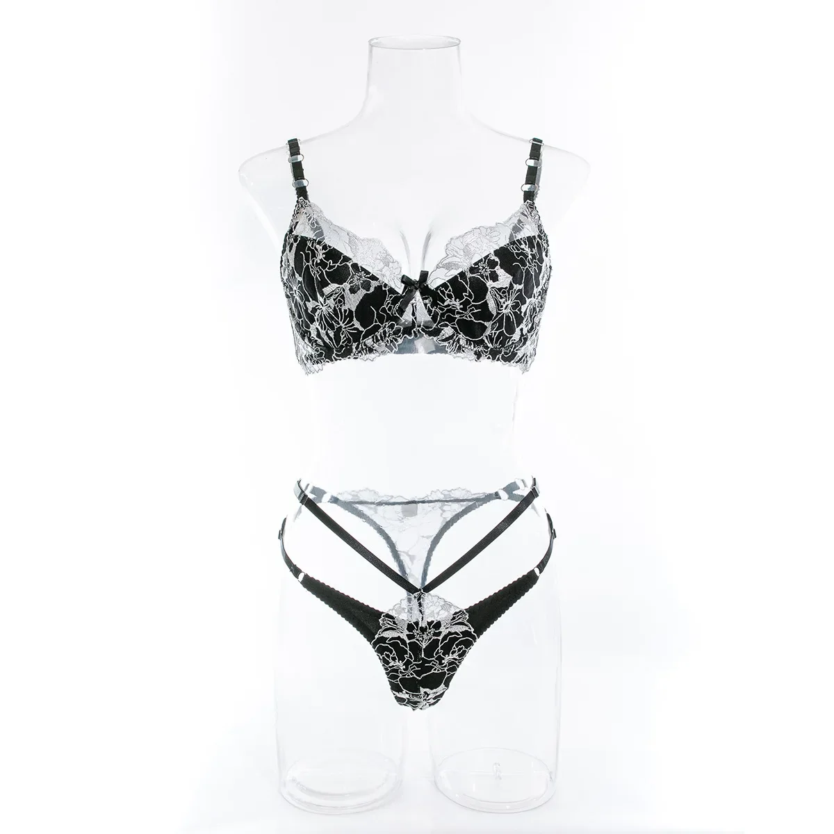 Ensemble de soutien-gorge push-up pour femme, broderie en dentelle, sous-vêtements string creux, lingerie sexy avec connecteur d'anneaux en métal, nouveau, 2024